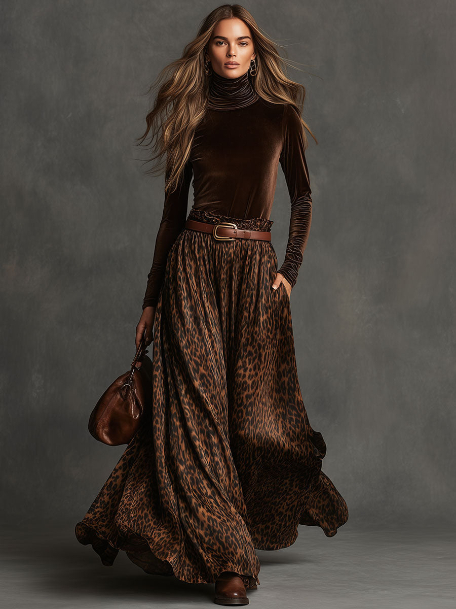 Vintage Turtleneck Velvet Top And Leopard Print Skirt Set