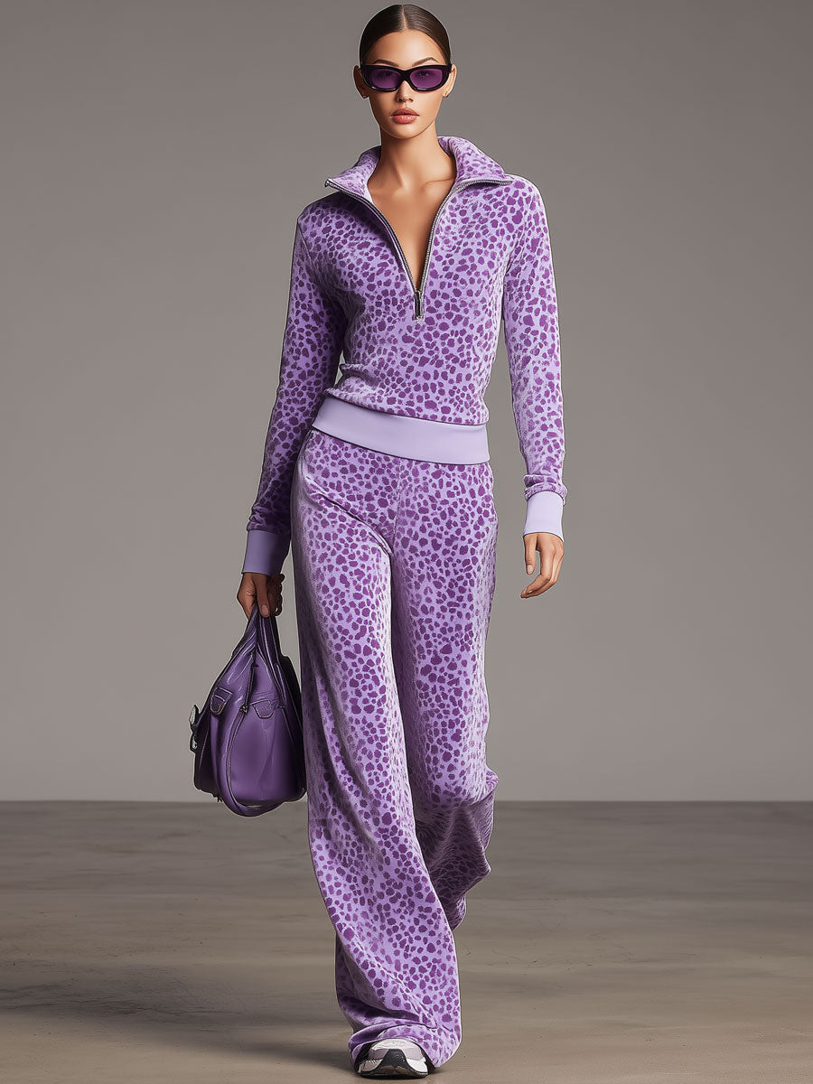 Sporty Retro Purple Leopard Print Velvet Half-Zip Sweatshirt And Wide-Leg Pants Set
