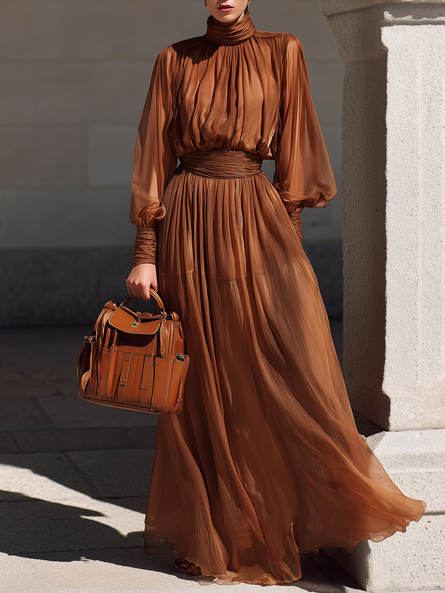 Elegant Stylish Stand-up Collar Lantern Sleeve Chiffon Maxi Dress