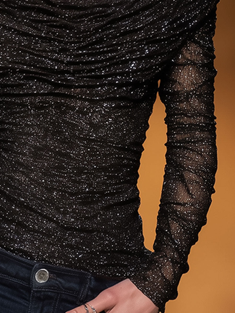 Stylish And Sexy Off-the-shoulder Black Mesh Shirt