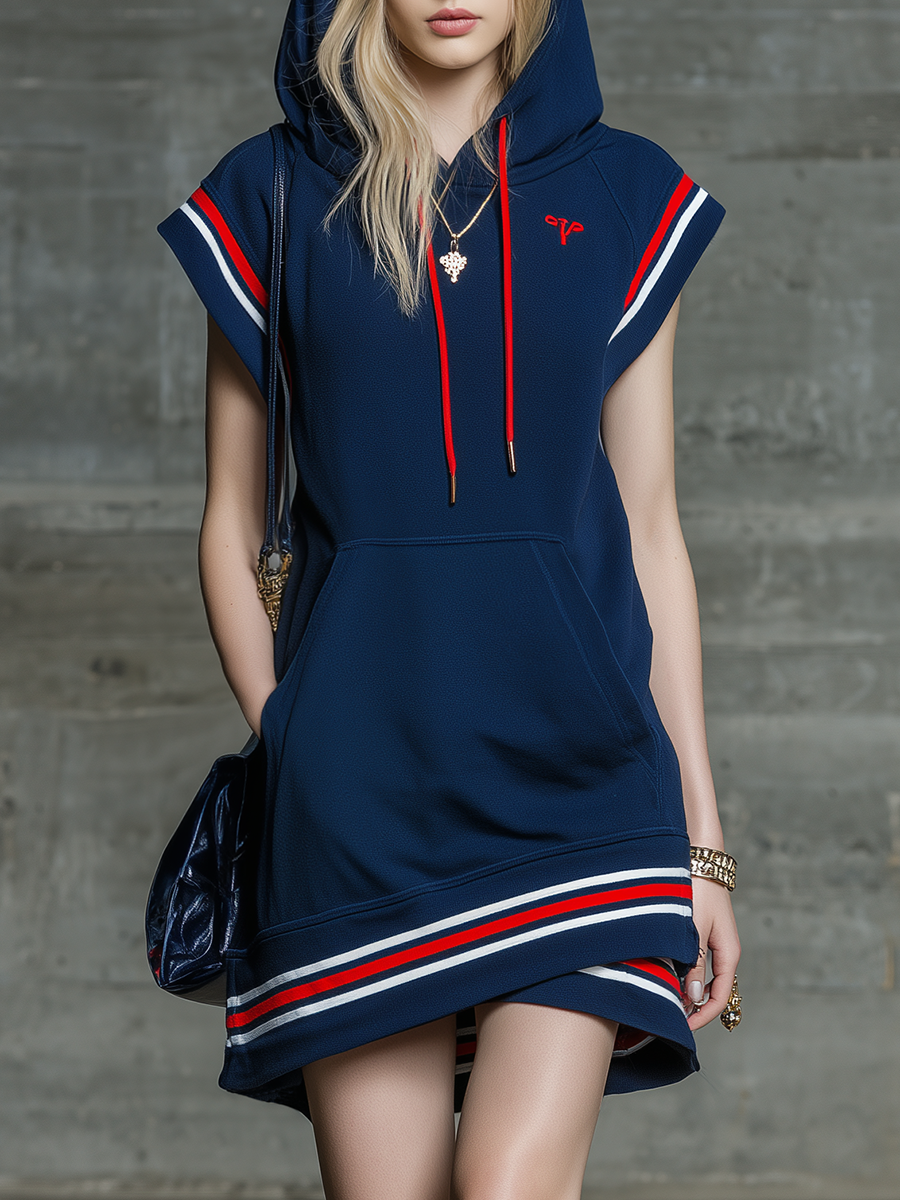 Retro Sporty Sleeveless Color-blocked Striped Hooded Mini Dress