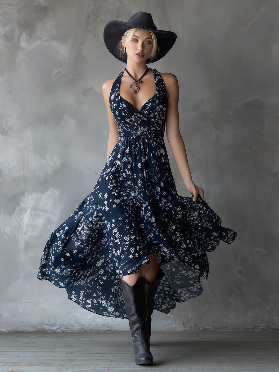 Retro Classic Floral Print Navy Blue Chiffon Sleeveless Maxi Dress