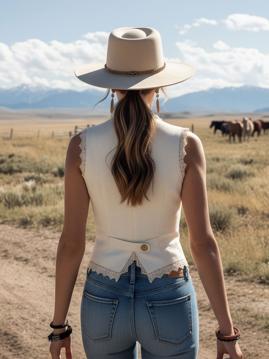 Western-style Retro Lace-trimmed White Faux Suede Sleeveless Vest