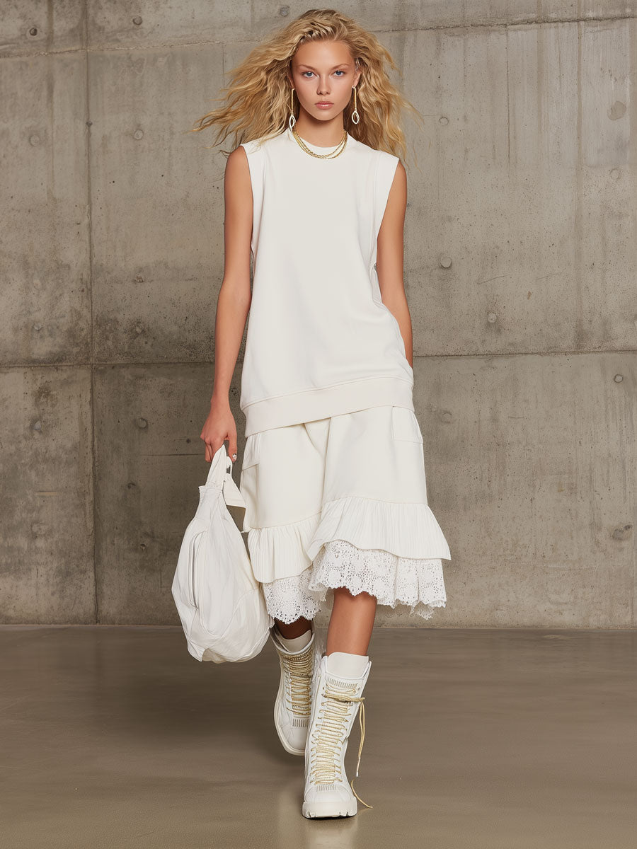 Sporty Retro White Sleeveless Sweatshirt With Lace Ruffled Skirt Set