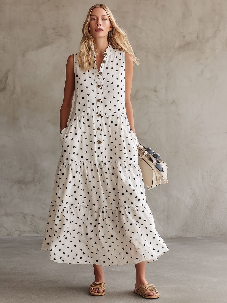 Casual Retro Black Polka Dot White Linen Sleeveless Shirt Dress