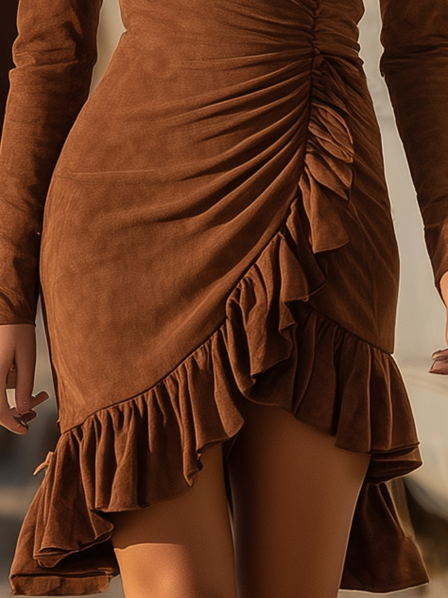Western Brown Faux Suede Ruffled V-neck Mini Dress