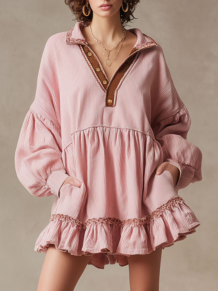 Retro Long-sleeved Pink Corduroy Ribbon Ruffle Mini Dress