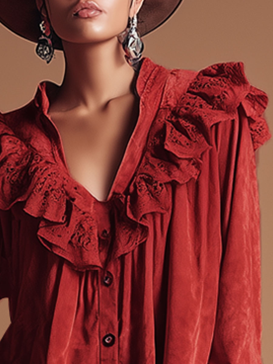 Western Retro Lace Ruffled Red Faux Suede Long-Sleeved Shirt