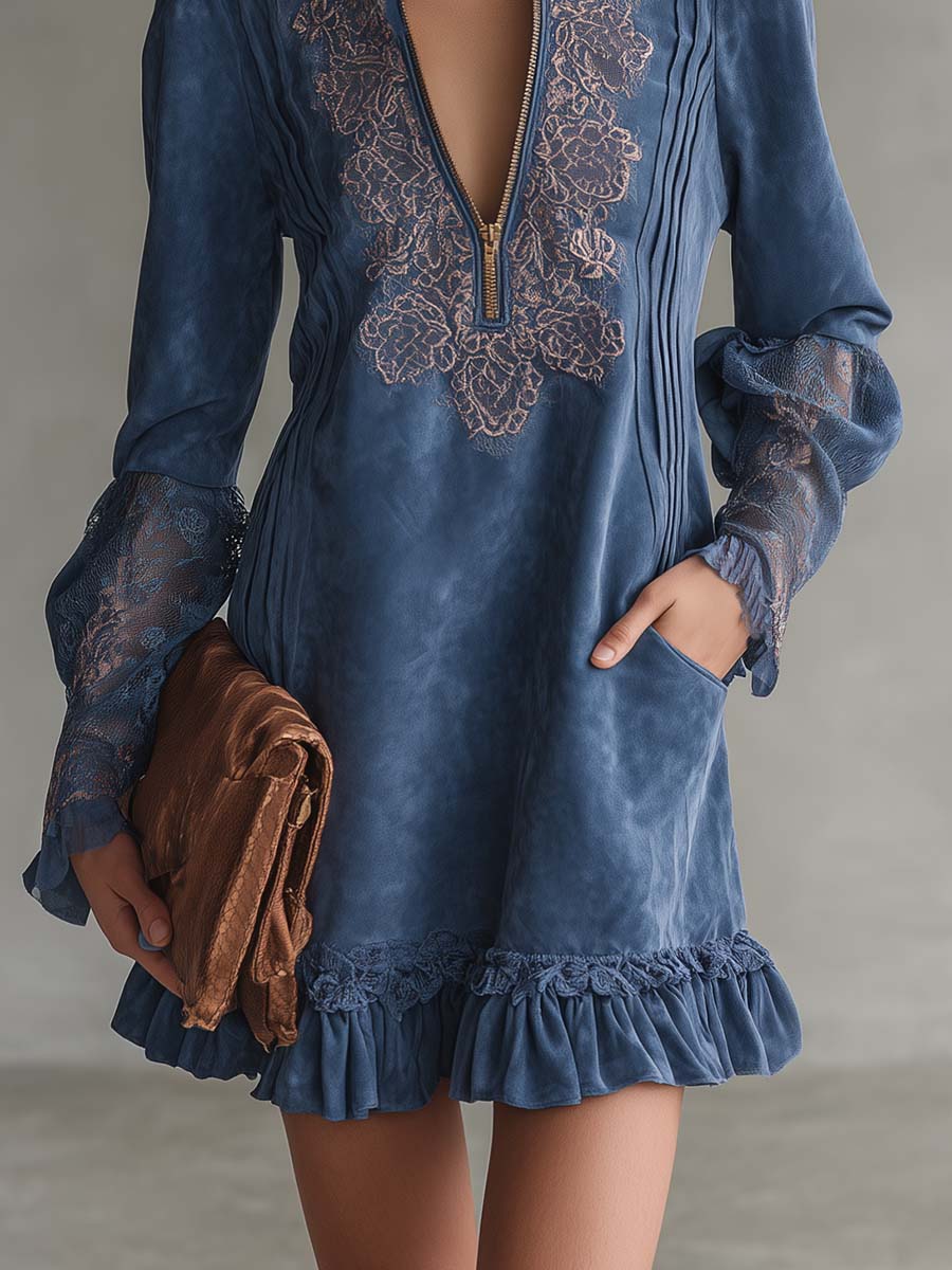Vintage Exquisite Western Embroidered V-neck Front Zip Ruffled Hem Blue Suede Mini Dress