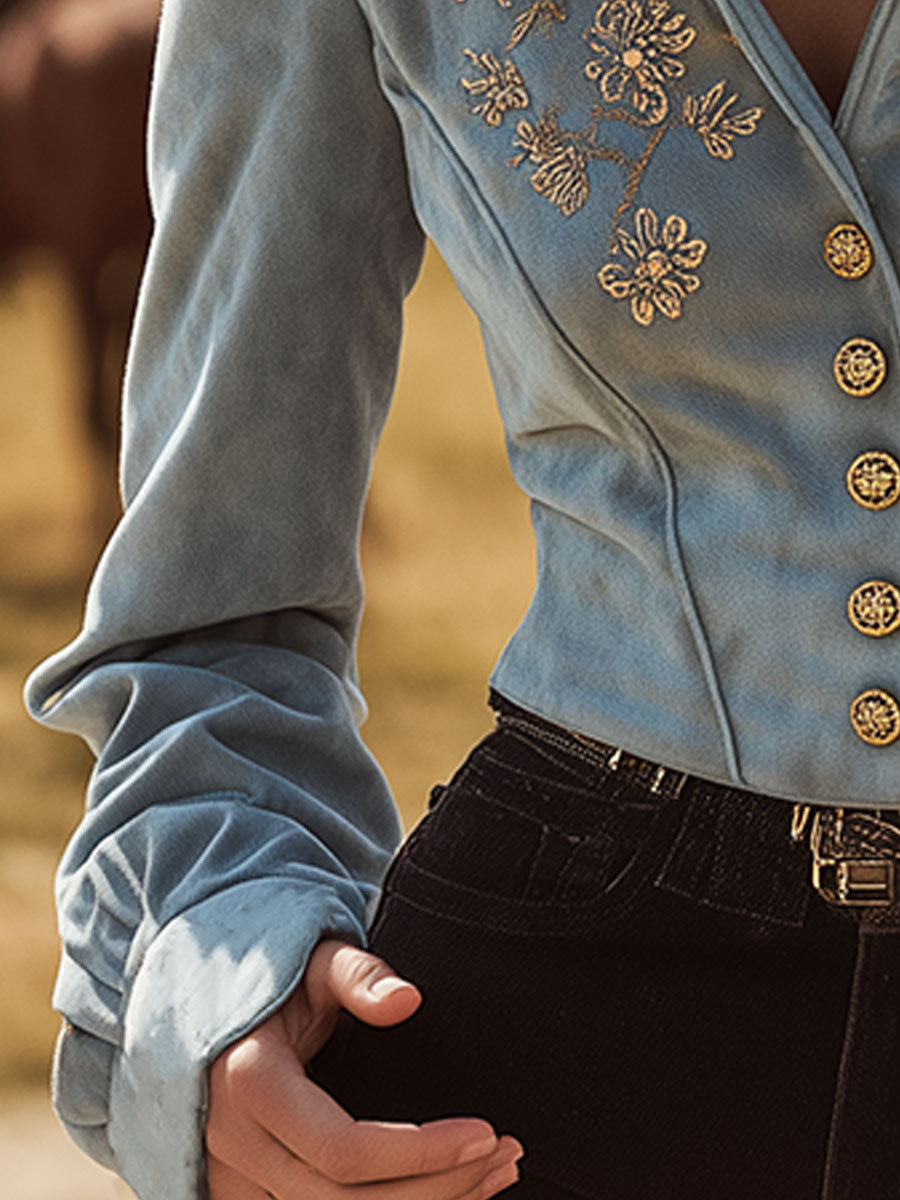 Western-style Vintage Embroidered Blue Button-up Faux Suede Jacket