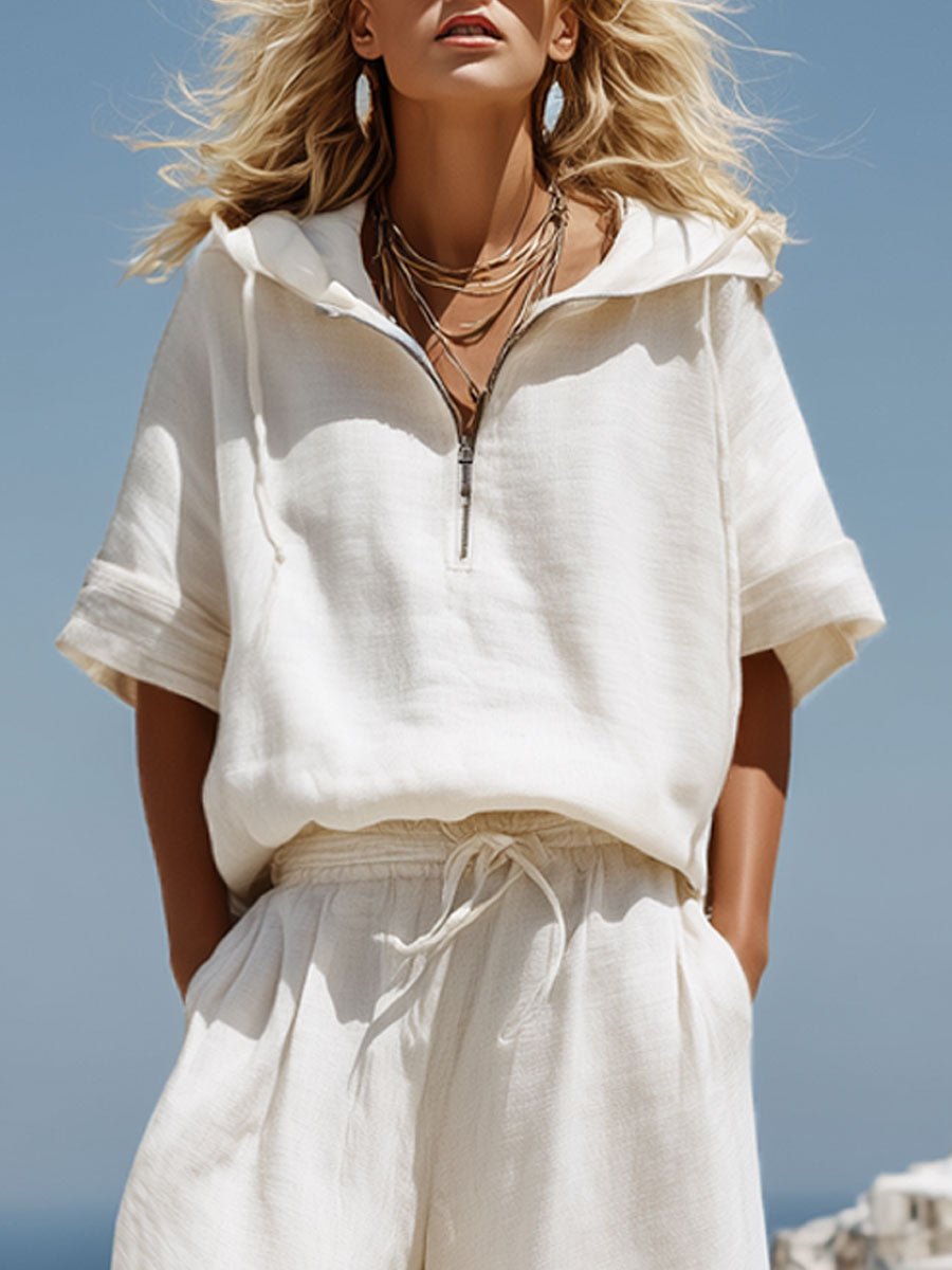 Vacation Retro White Cotton Linen Short-Sleeve Hooded Top And Balloon Pants Set