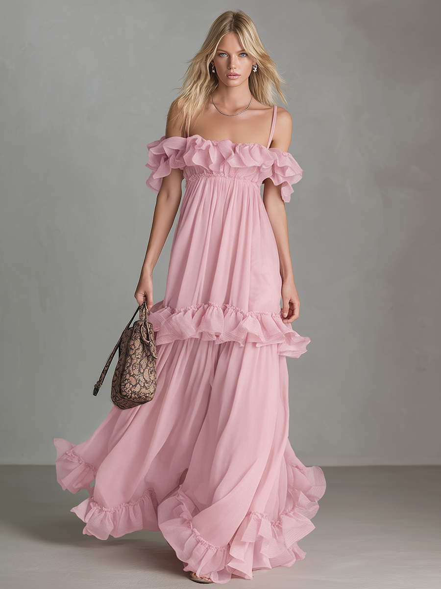 Romantic And Stylish Off-the-shoulder Chiffon Ruffle Detail Maxi Dress