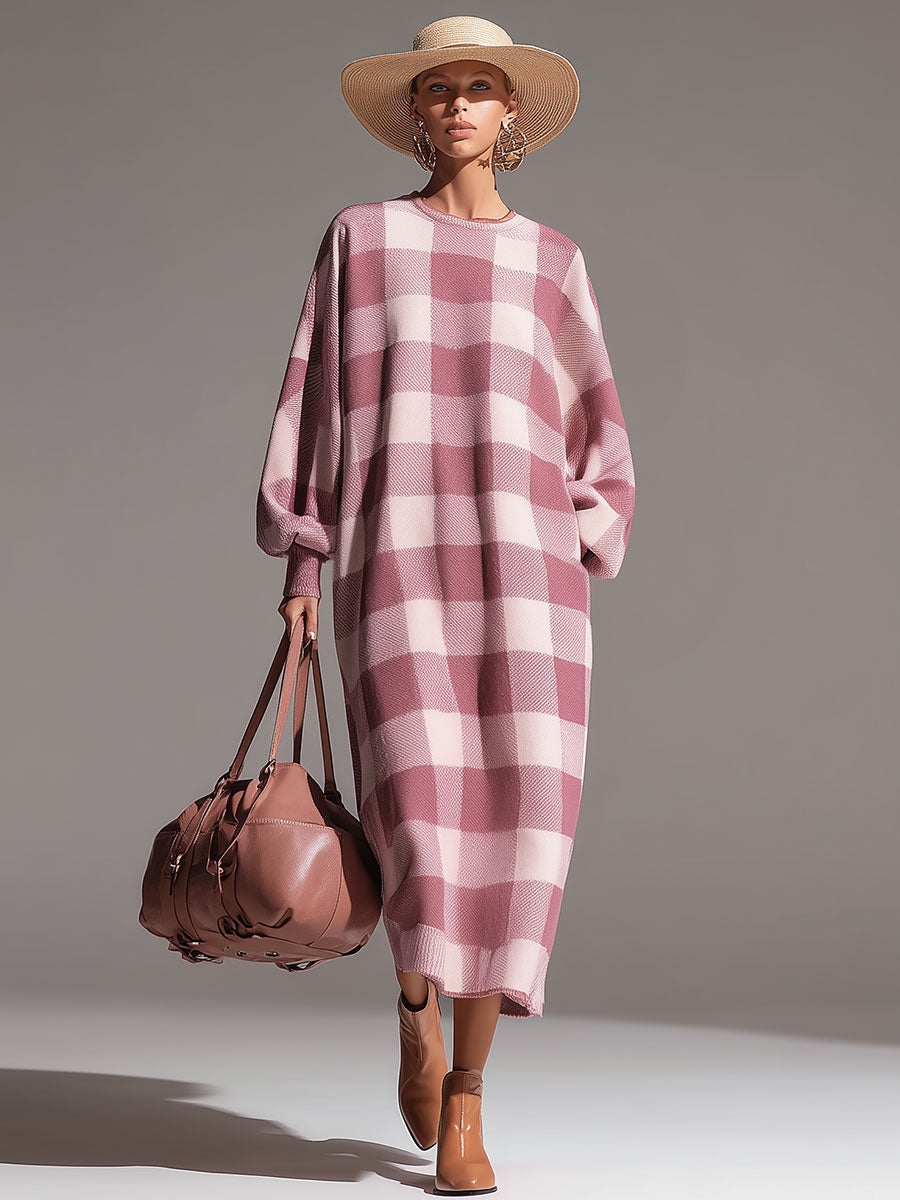 Casual Loose-fitting White And Pink Plaid Round Neck Knit Midi Dress