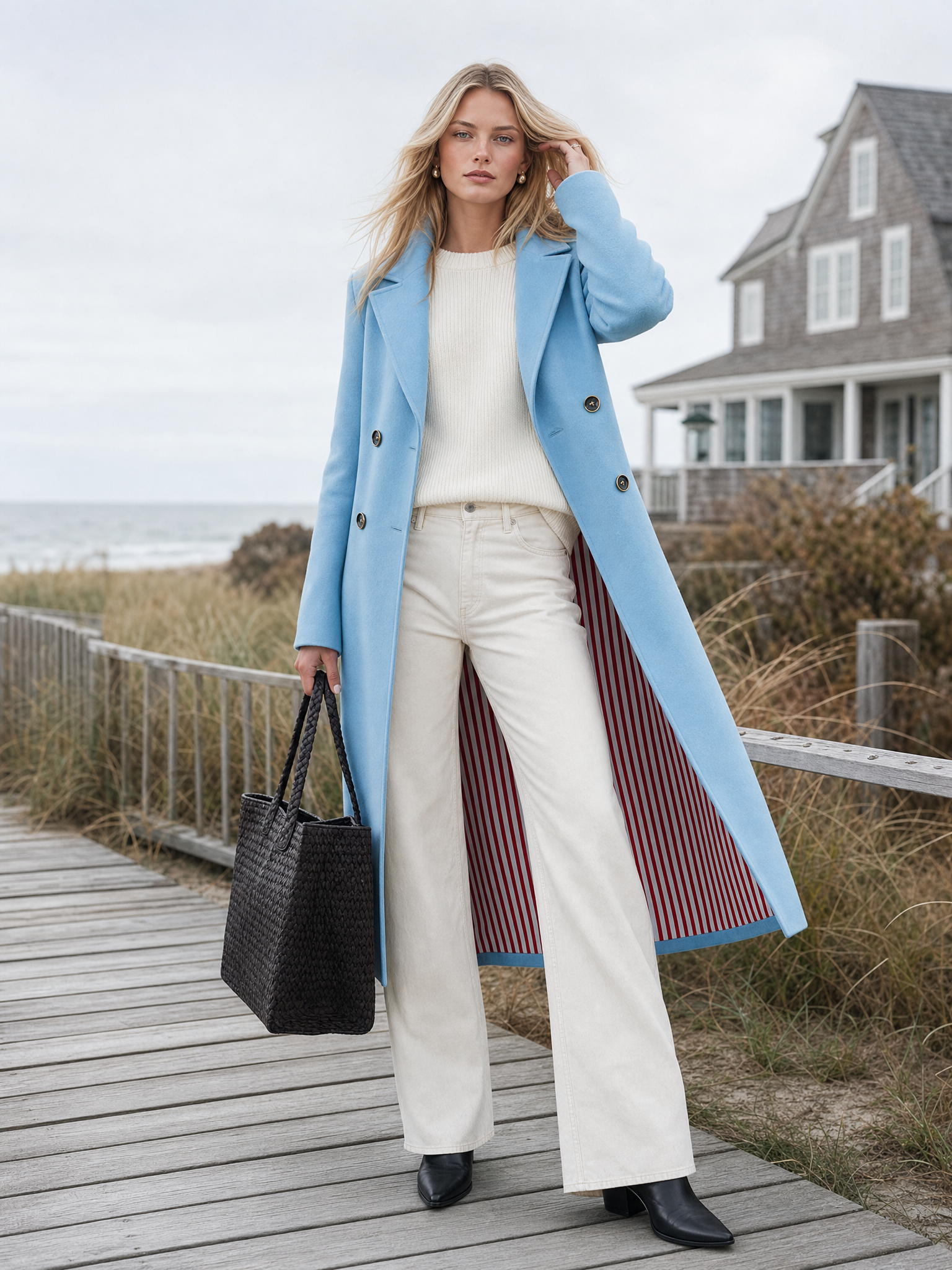 Elegant Classic Lapel Double-breasted Style With Striped Lining Mid-to-long Tweed Coat