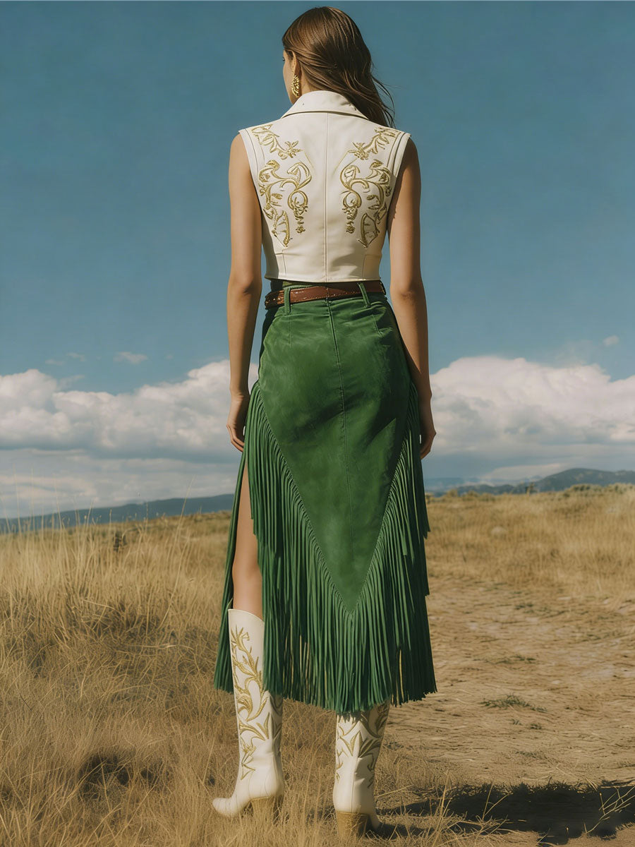 Western Retro Green Fringed Faux Suede Midi Skirt