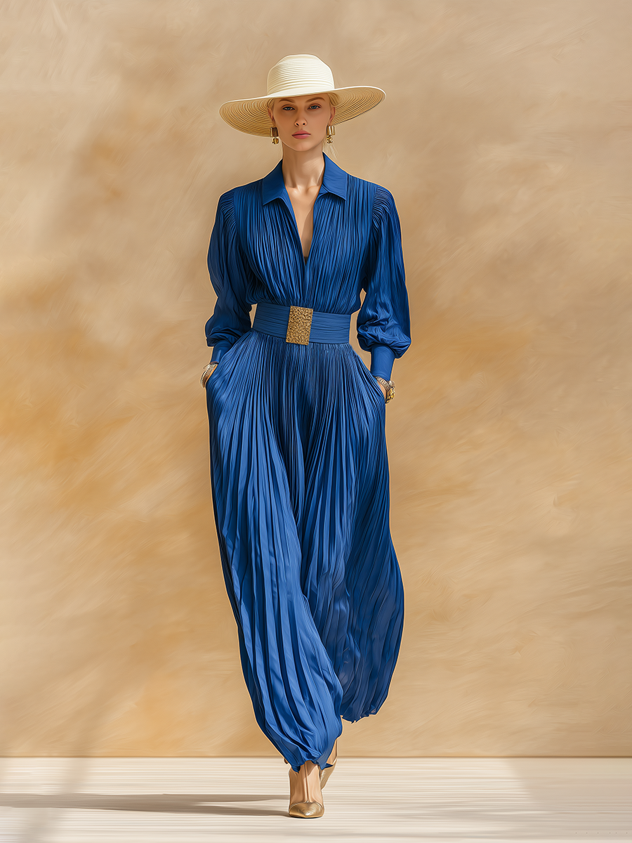 High-end Chic Pleated Royal Blue Satin Maxi Dress