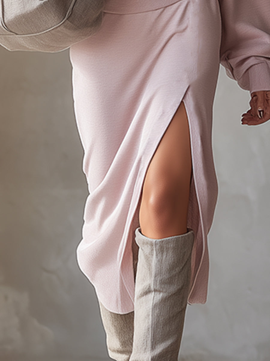 Trendy And Sexy Sporty Off-shoulder Pink Sweatshirt Midi Dress