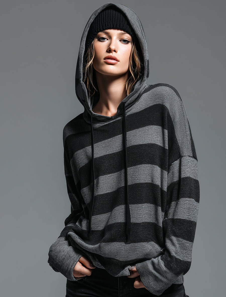 Casual Retro Black And Gray Hooded Knit Sweater