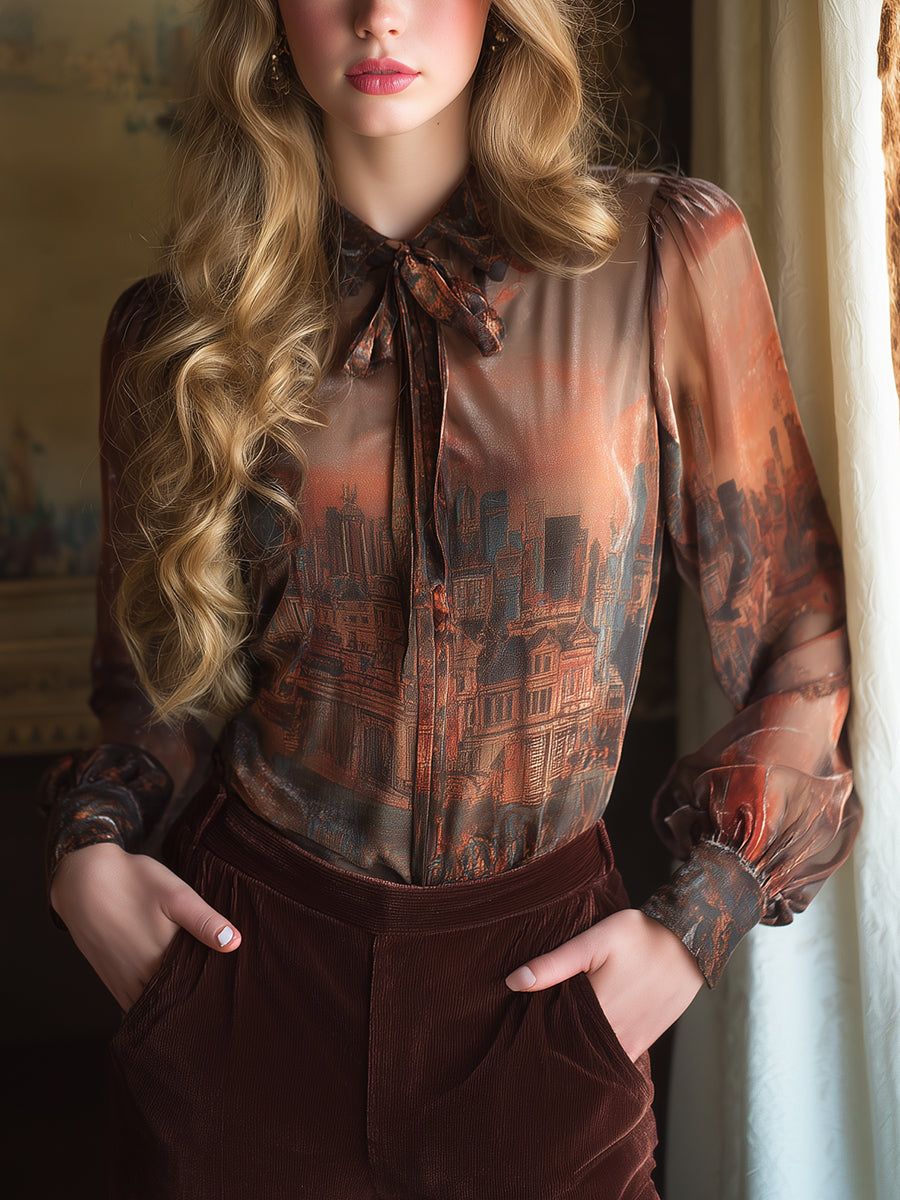 Retro Western-style Printed Shimmering Chiffon Shirt