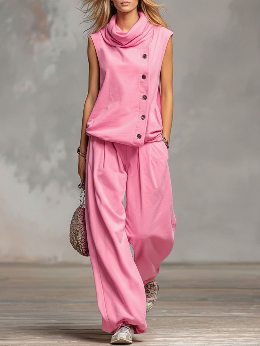 High-neck Single-breasted Sleeveless Top And Trousers Set