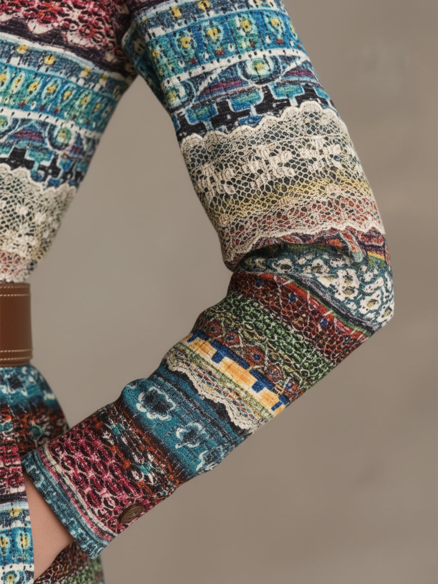 Retro Ethnic Style Multicolored Front Button Maxi Dress