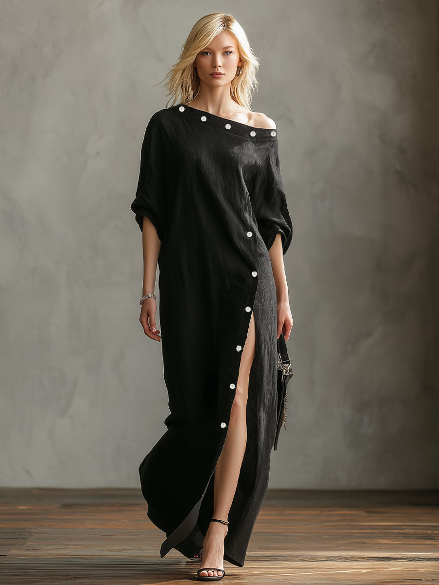 Slanted Neckline Off-the-shoulder Slit Buttons Maxi Dress