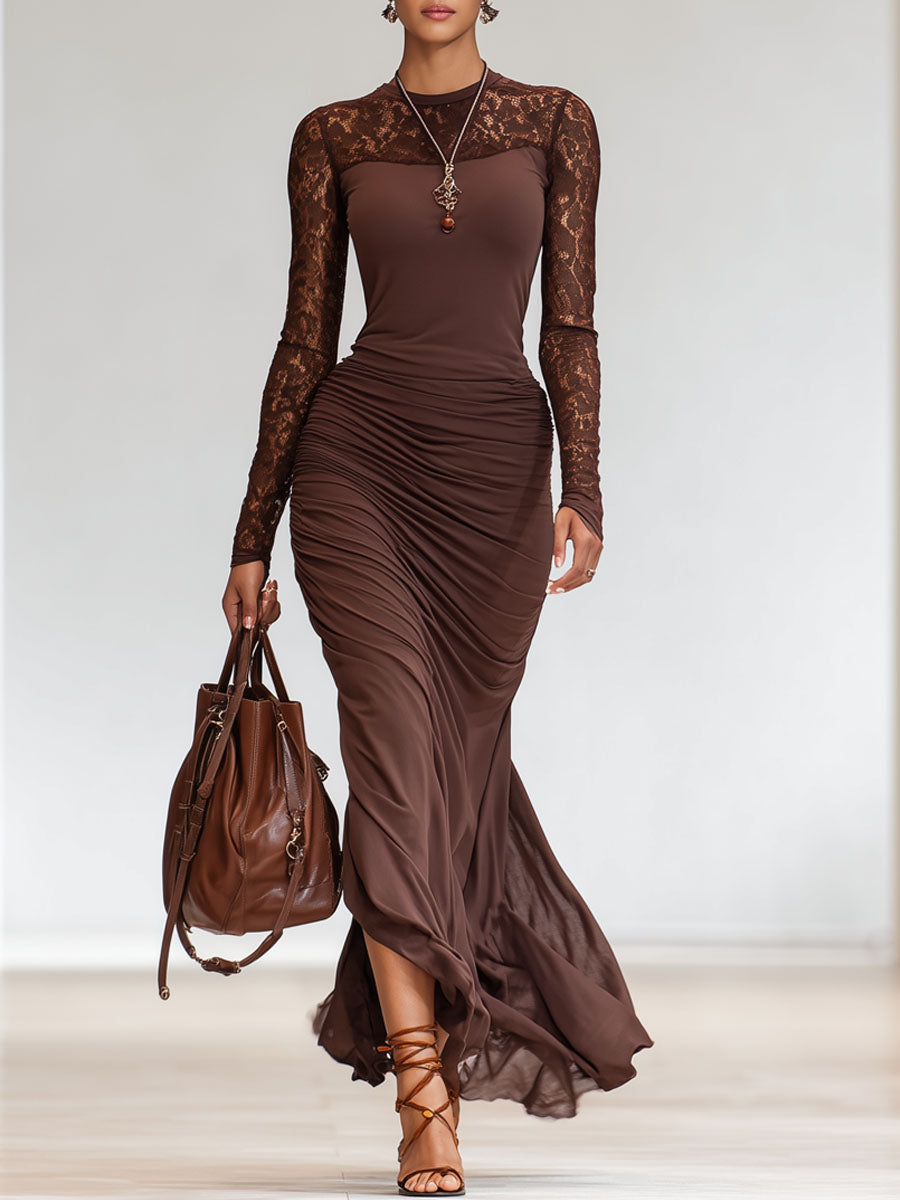 Round Neck Lace Patchwork Long Sleeve Maxi Dress