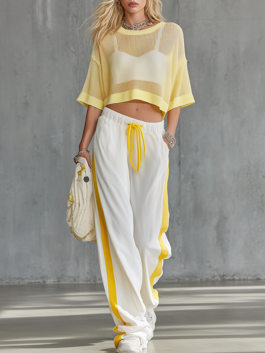 Athletic And Casual Style Short-sleeved Knitted T-shirt And Wide-leg Pants Set