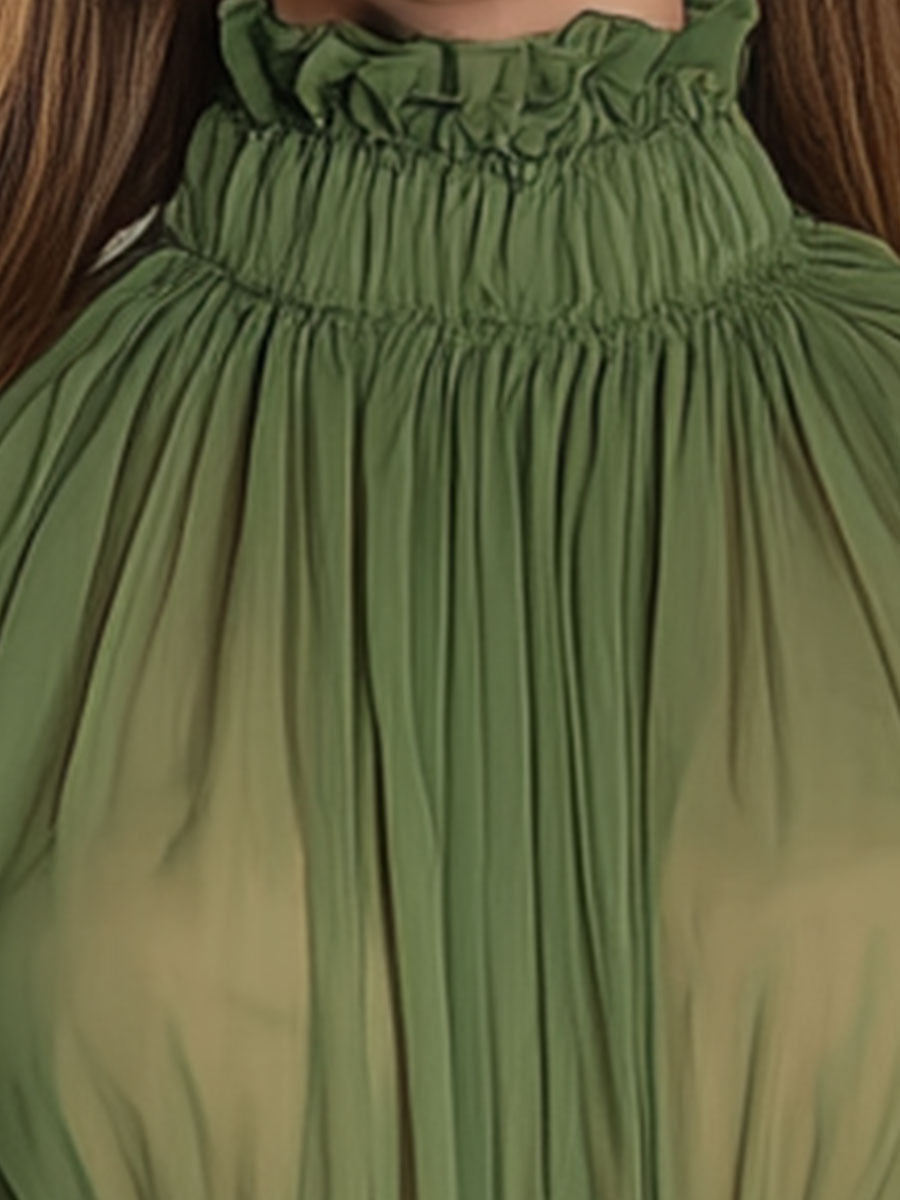 Stylish And Elegant Green Chiffon Puff Sleeve Ruffle Mini Dress