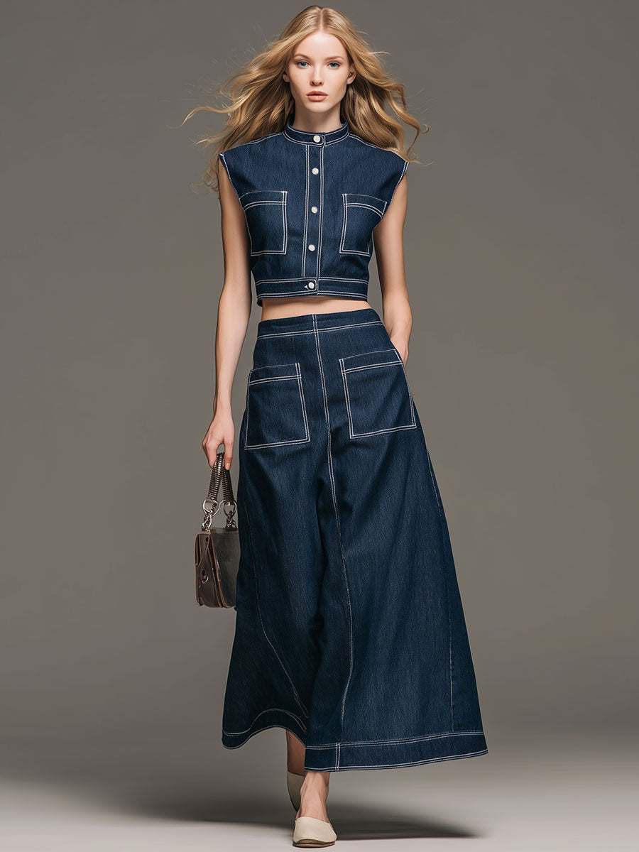 Fashionable Retro Blue Washed Denim Sleeveless Top And Skirt Set