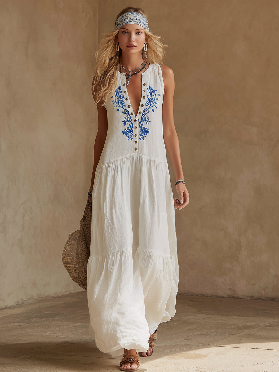 Elegant And Casual Contrasting Color Long-sleeved White Cotton And Linen Sleeveless Maxi Dress