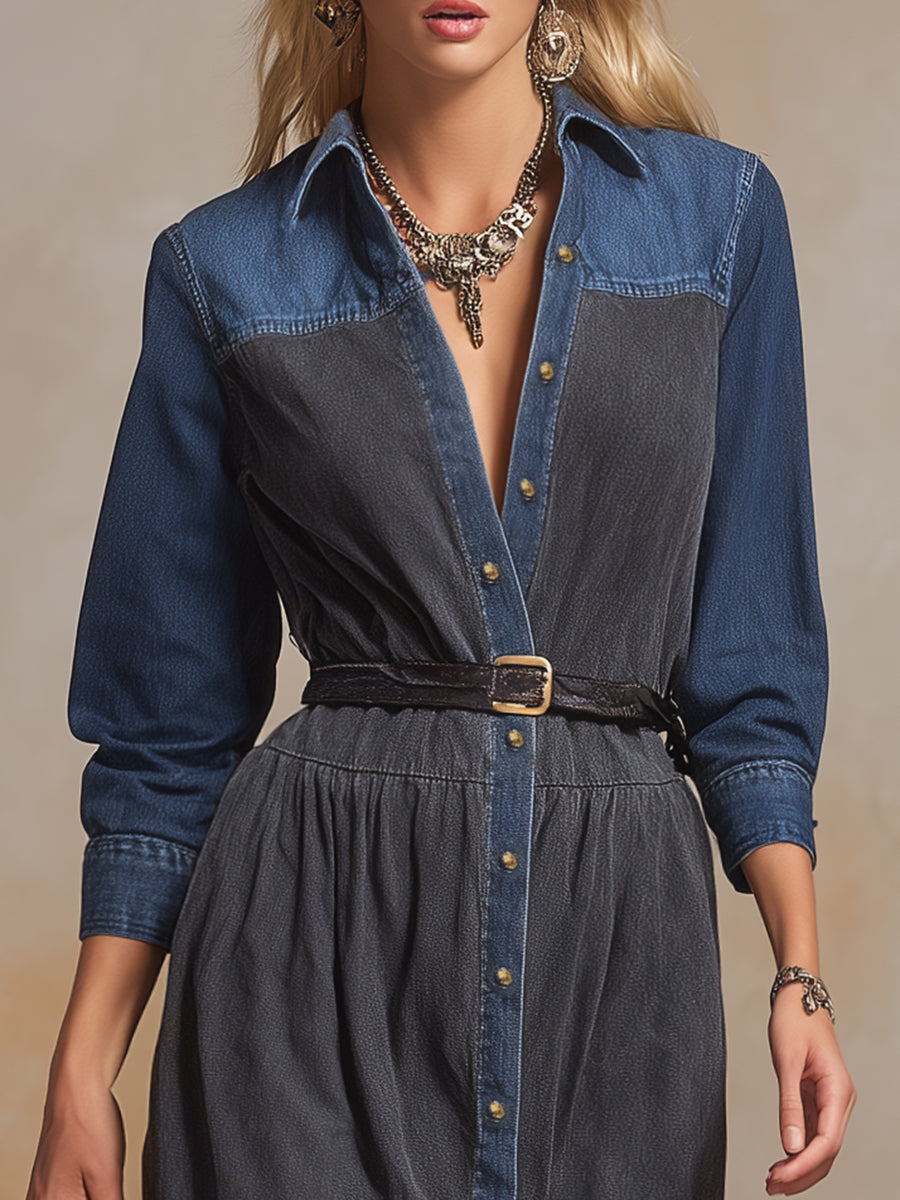 Casual Western Grey And Blue Denim Maxi Dress
