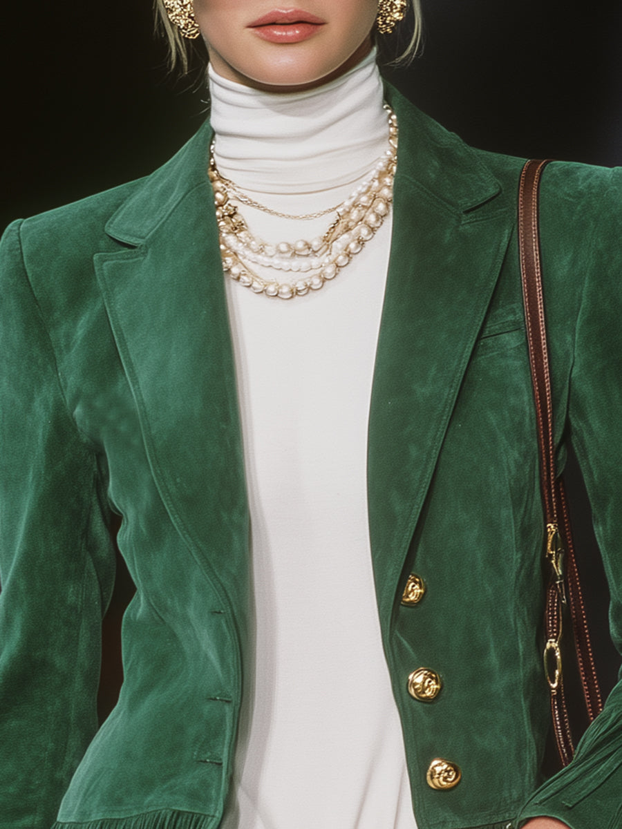 Retro Western-style Gold Buttons And Green Faux Suede Tassels Jacket
