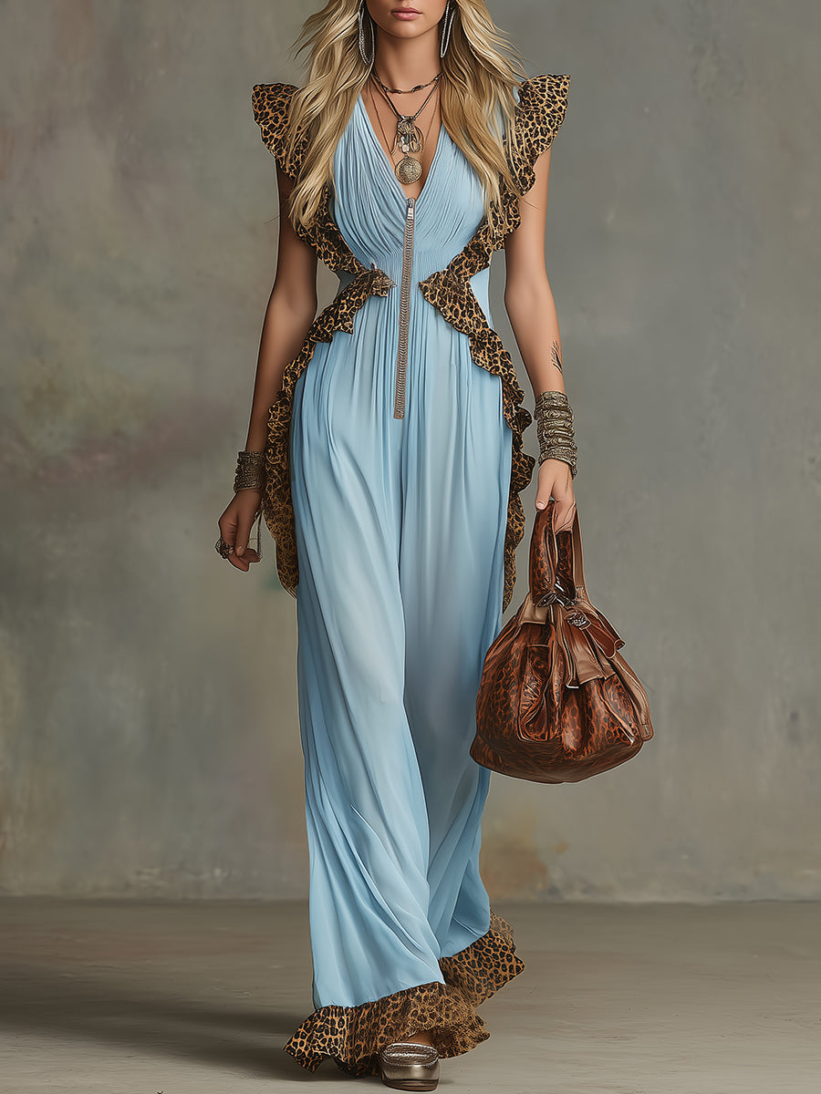 Retro Sporty Style V-neck Ruffled Sleeveless Chiffon Jumpsuit