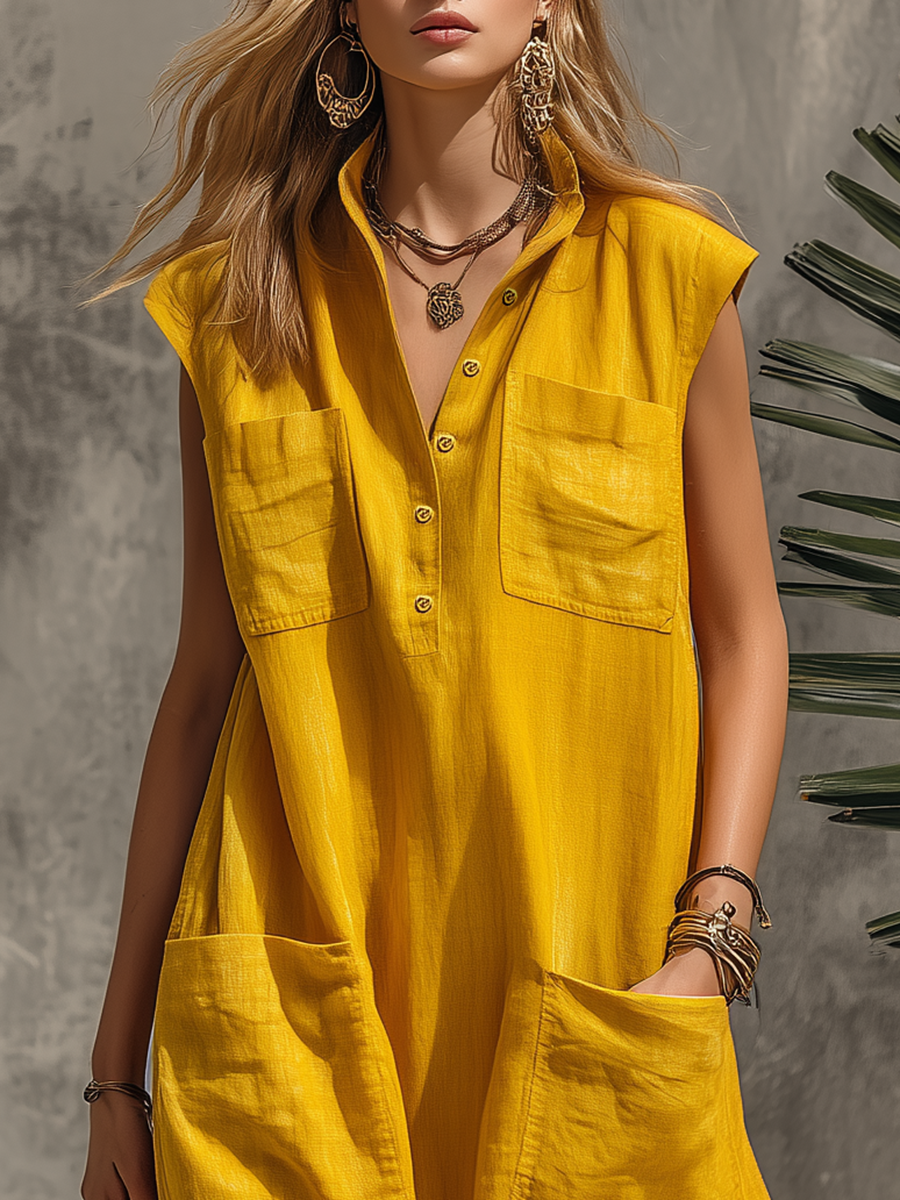 Vintage-style Vacation Collared Multi-pocket Sleeveless Cotton And Linen Maxi Dress