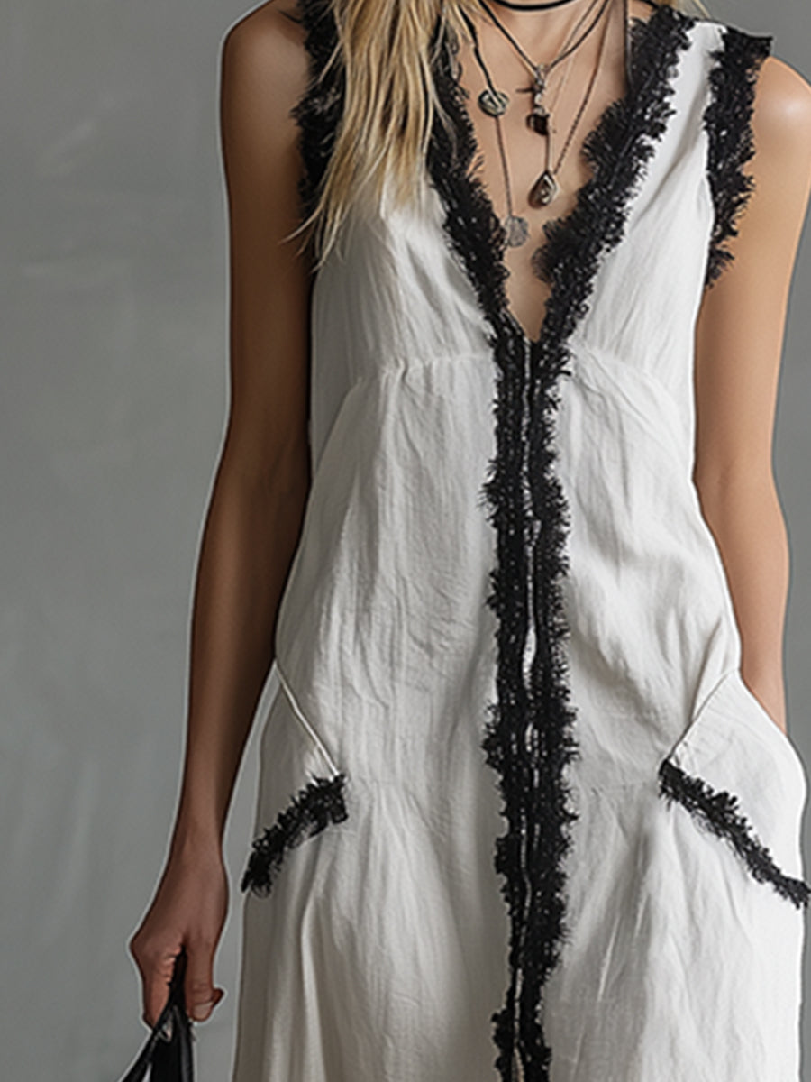 Elegant Urban Style Lace-trimmed White Cotton And Linen Sleeveless Maxi Dress