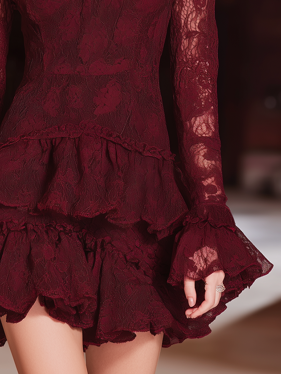 Retro Sexy Elegant Stand-up Collar Lace Mini Dress