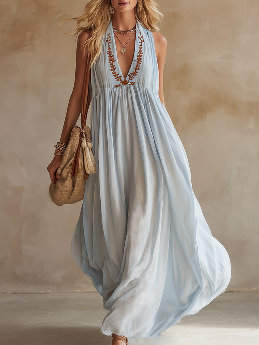 Bohemian-style Exquisite Embroidered Light Blue Chiffon Sleeveless Maxi Dress