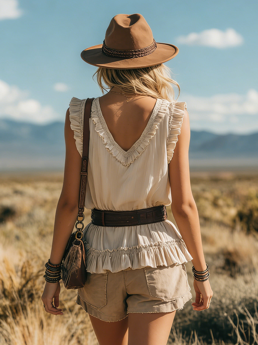 Western Bohemian Style V-neck Sleeveless Ruffled Chiffon Top