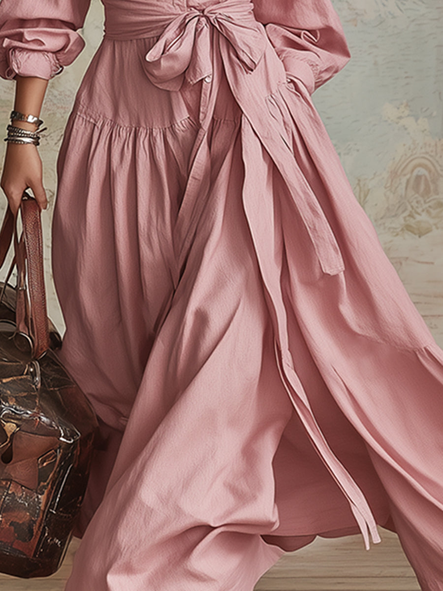 Elegant Urban Pink Collared Cotton-linen Maxi Dress