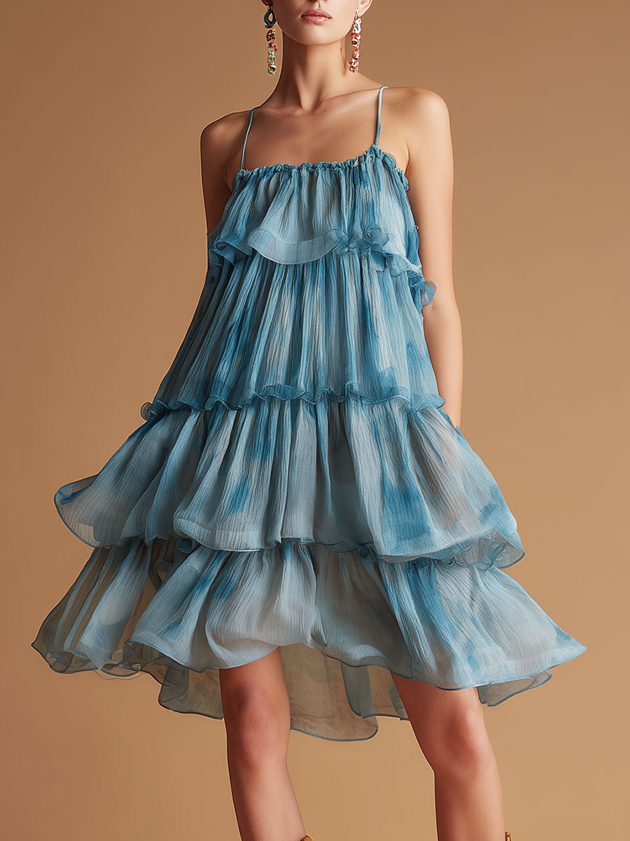 Resort-style Blue Spaghetti Strap Chiffon Midi Dress