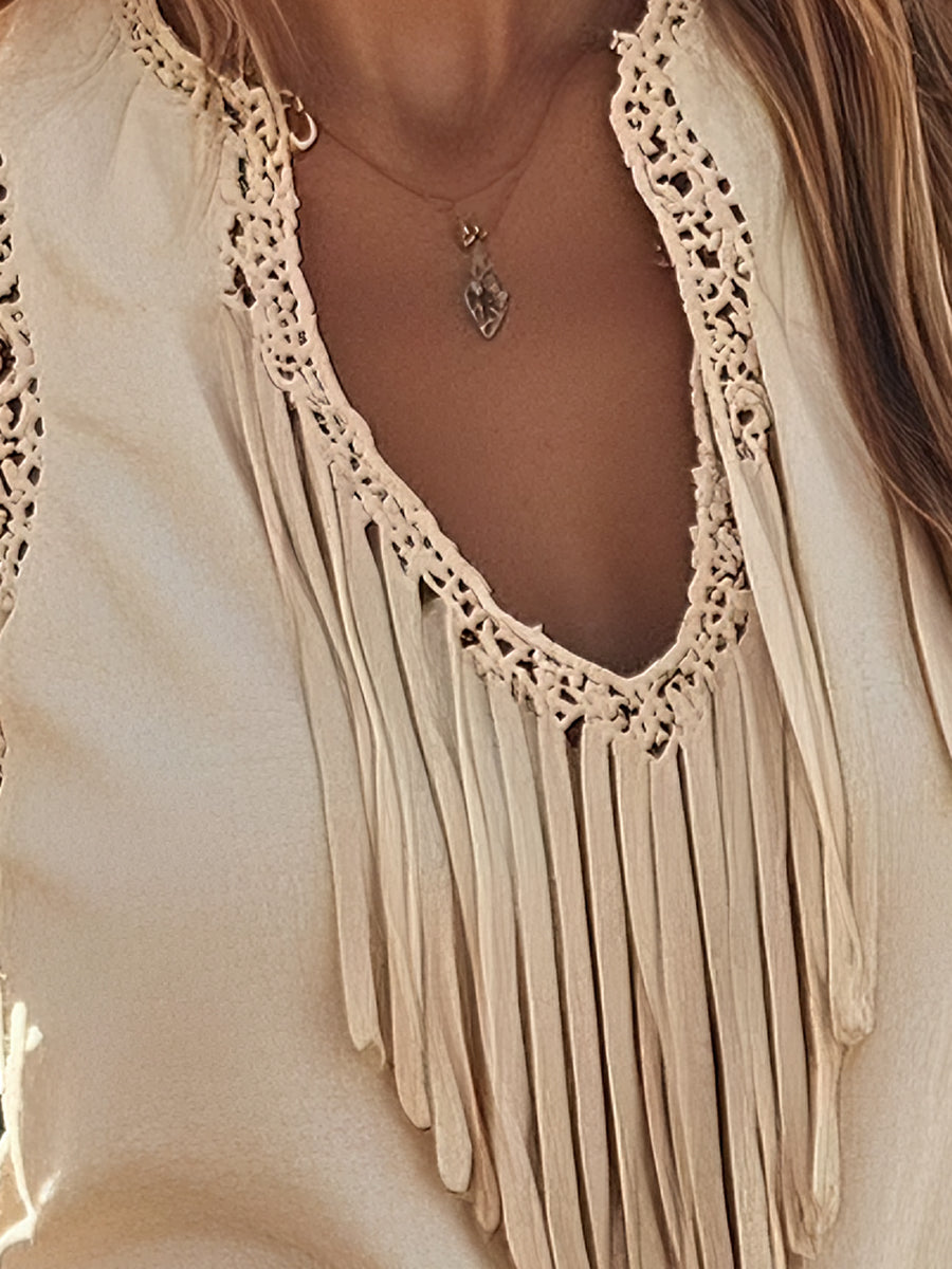 【24-hour shipping out】Retro Western Style Lace Tassel Sleeveless Cotton And Linen Tank Top