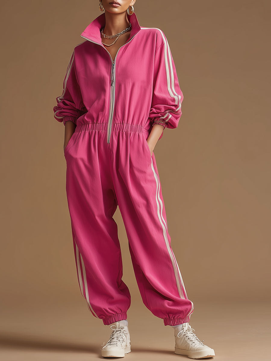 Retro Sporty Woven Rose Red Cotton Wide-leg Jumpsuit