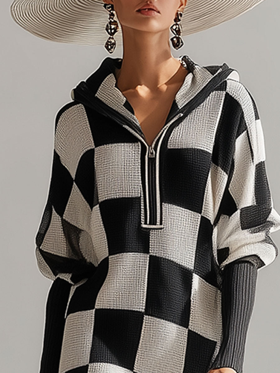 Fashionable Retro Black And White Checkered Hooded Knit Midi Dress
