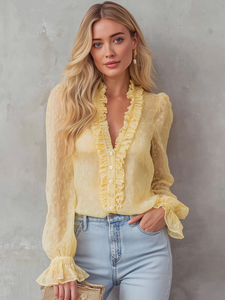 Vintage Printed V-neck Button-down Chiffon Long-sleeved Shirt