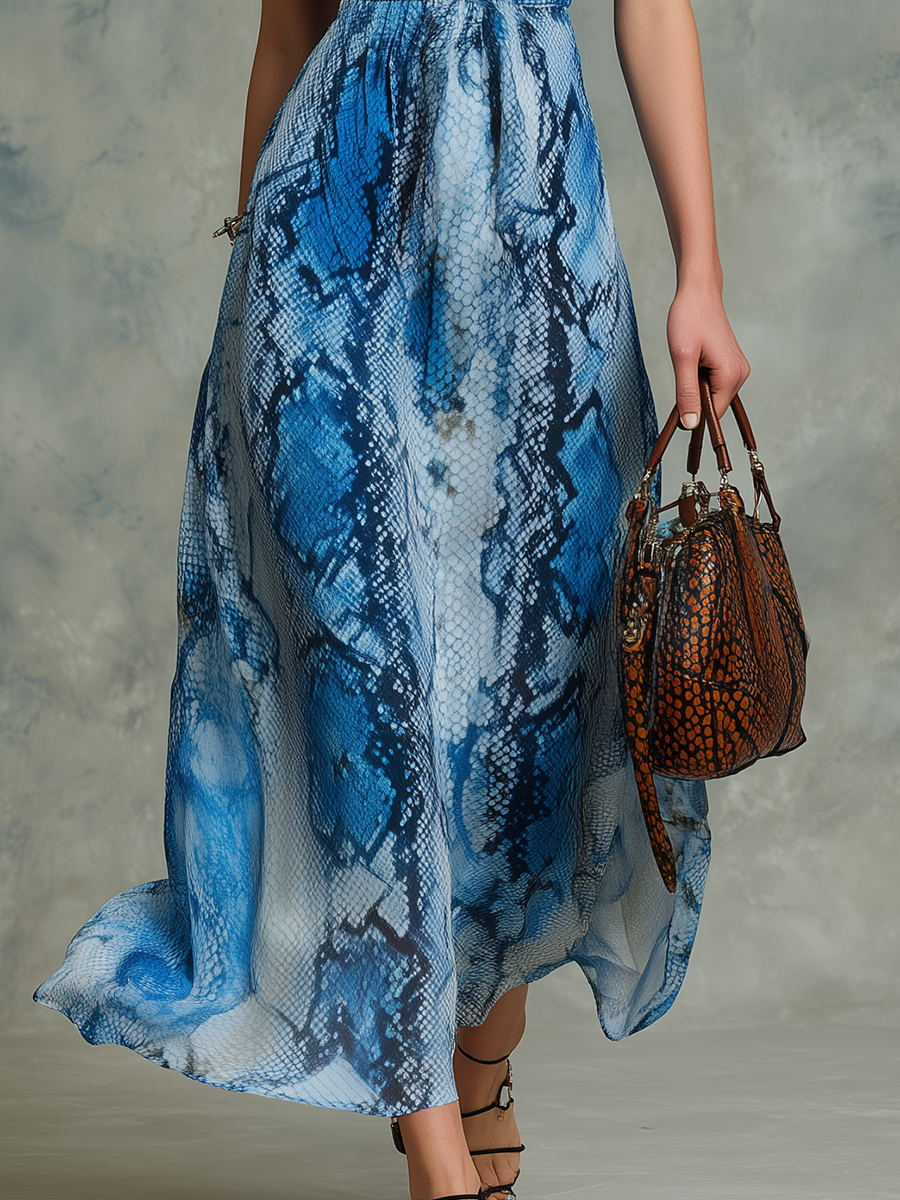 Wild And Fashionable V-neck Sleeveless Python Print Chiffon Midi Dress