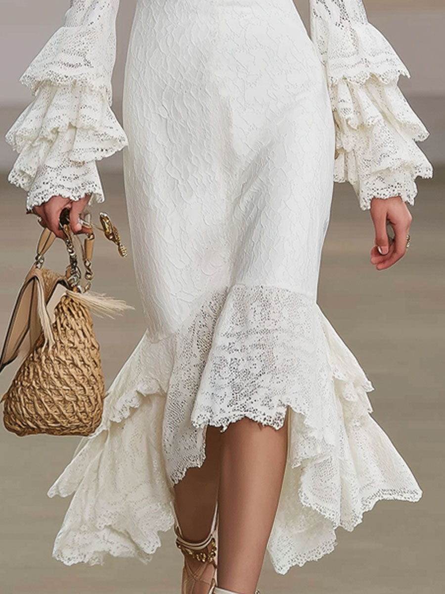 V-neck Lace Ruffle Long-sleeved Midi Dress