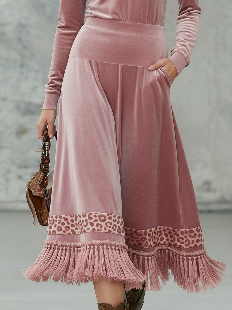 Elegant Retro Leopard Print Lapel Tassel Velvet Midi Dress