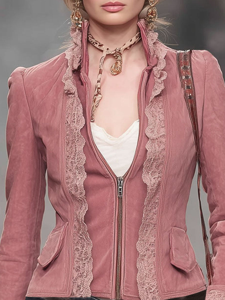 Stand-up Collar Lace Trim Zipper Faux Suede Jacket