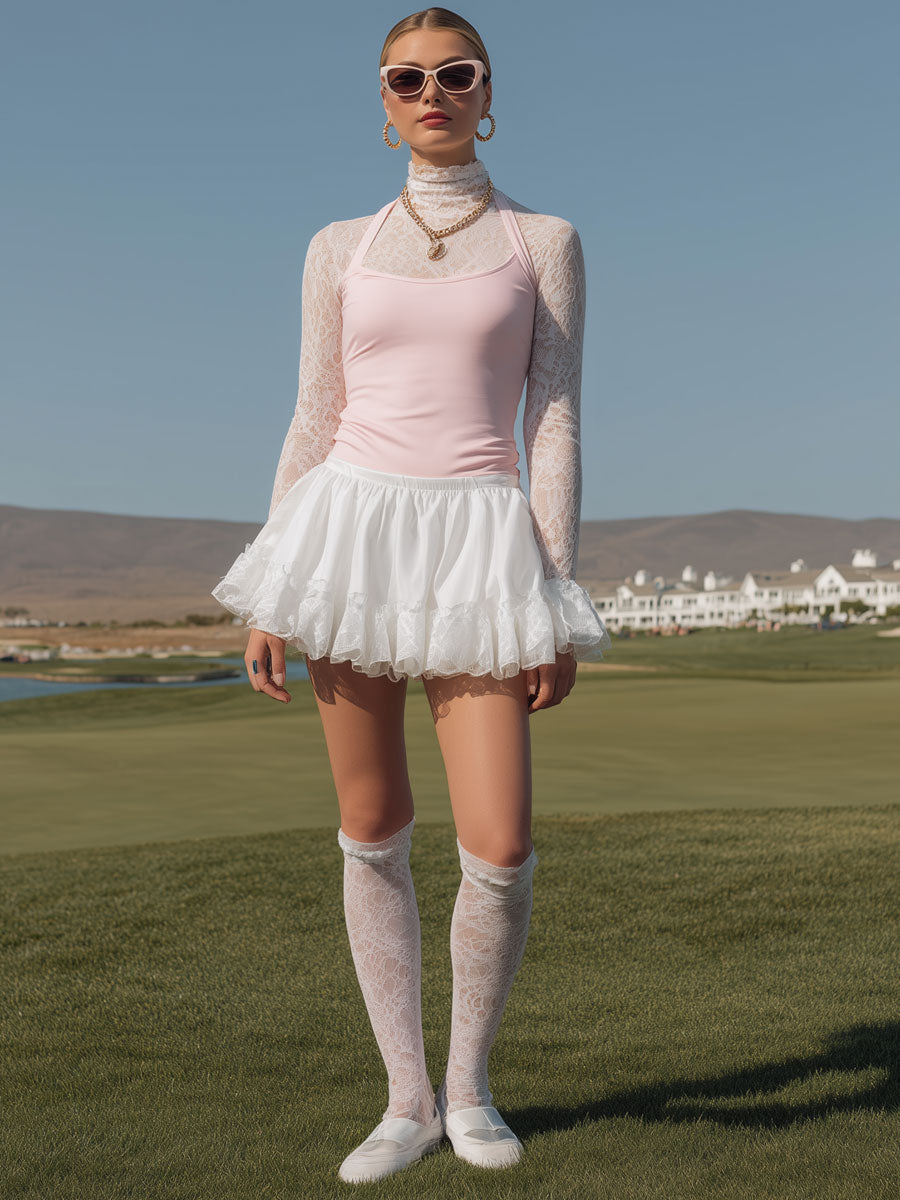 Fashionable Sporty Lace Long-sleeved Pink Vest With Ruffled Skirt Three-piece Set